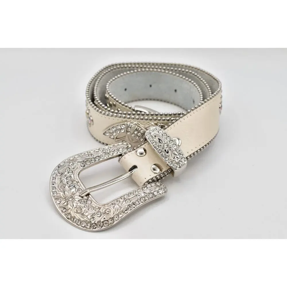 Cream Genuine Leather Rhinestone Western Belt M/L Silver Studded Crystal Y2K